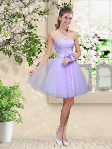 Fashion Sleeveless Tulle Knee Length Lace Up Court Dresses for Sweet 16 in Lilac with Lace and Belt