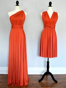 Artistic Sleeveless Chiffon Floor Length Lace Up Dama Dress in Orange Red with Ruching
