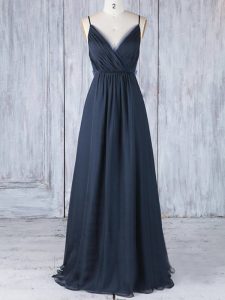 Dramatic Floor Length Backless Damas Dress Navy Blue for Prom and Party and Wedding Party with Ruching
