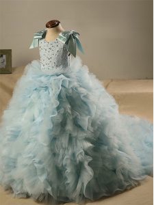 Custom Design Light Blue Zipper Scoop Beading and Ruffles and Bowknot Kids Pageant Dress Tulle Sleeveless Brush Train