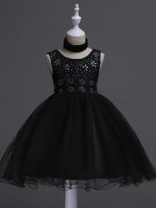Knee Length Black High School Pageant Dress Organza Sleeveless Beading and Lace