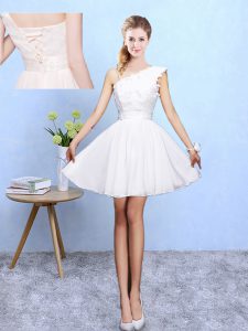 Knee Length White Dama Dress Asymmetric Sleeveless Lace Up