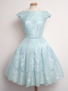 Delicate Light Blue Lace Up Damas Dress Lace Cap Sleeves Knee Length