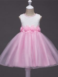 Top Selling Baby Pink Ball Gowns Scoop Sleeveless Tulle Knee Length Zipper Lace and Hand Made Flower Pageant Dress for Teens