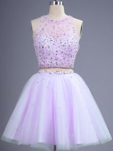 Knee Length Lace Up Damas Dress Lavender for Prom and Party and Wedding Party with Beading