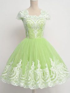 Cap Sleeves Knee Length Lace Zipper Dama Dress with Yellow Green