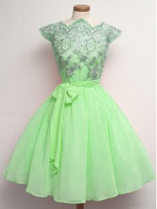 Top Selling A-line Chiffon Scalloped Cap Sleeves Lace and Belt Knee Length Lace Up Dama Dress for Quinceanera