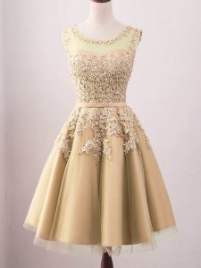 Hot Selling Gold Lace Up Scoop Lace Court Dresses for Sweet 16 Tulle Sleeveless