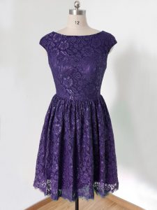 Sexy Knee Length Purple Dama Dress for Quinceanera Scoop Cap Sleeves Lace Up