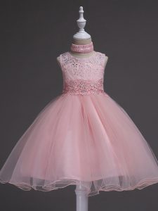 Baby Pink Sleeveless Beading and Lace Knee Length Girls Pageant Dresses