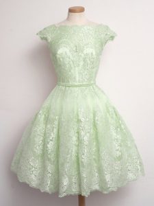 Scalloped Cap Sleeves Lace Up Dama Dress Yellow Green Lace