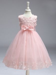 Latest Baby Pink Sleeveless Lace and Bowknot Knee Length High School Pageant Dress