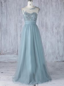 Grey Empire Tulle Scoop Cap Sleeves Appliques Floor Length Zipper Dama Dress for Quinceanera