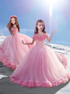 Wonderful Off The Shoulder Sleeveless Court Train Lace Up Little Girls Pageant Gowns Baby Pink Tulle