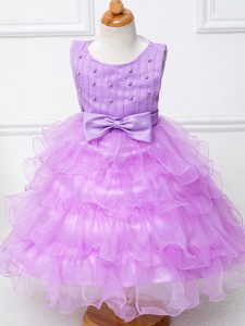 Sleeveless Tea Length Ruffled Layers and Bowknot Zipper Pageant Dress for Teens with Lilac