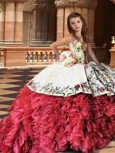 Amazing Brush Train Ball Gowns Pageant Gowns For Girls White And Red Strapless Organza Sleeveless Lace Up