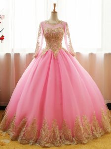 Pink Quinceanera Dresses Sweet 16 and Quinceanera with Appliques Scoop Long Sleeves Lace Up