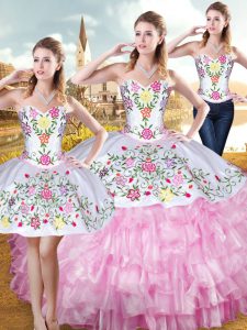 Great Rose Pink Organza and Taffeta Lace Up Quinceanera Gown Sleeveless Floor Length Embroidery and Ruffled Layers