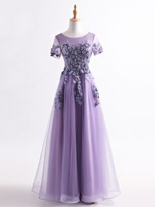 Lavender Short Sleeves Floor Length Appliques Backless Mother Of The Bride Dress