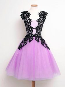 High Class Lilac A-line Lace Court Dresses for Sweet 16 Lace Up Tulle Sleeveless Knee Length