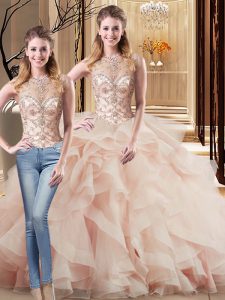 Affordable Peach Two Pieces Tulle Scoop Sleeveless Beading and Ruffles Lace Up Sweet 16 Dress Brush Train