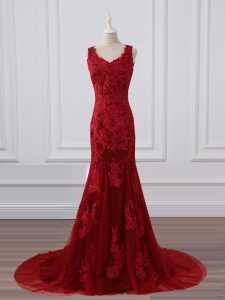 Pretty Sleeveless Lace Brush Train Zipper Mother Of The Bride Dress in Red with Lace and Appliques