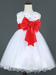 White A-line Scoop Sleeveless Tulle Knee Length Zipper Bowknot Evening Gowns