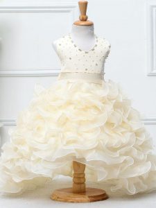 Sleeveless High Low Beading and Ruffles Zipper Girls Pageant Dresses with Champagne