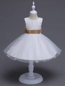 White Tulle Zipper Pageant Dress Wholesale Sleeveless Knee Length Lace and Bowknot