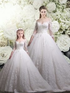 White Quinceanera Dress Tulle Chapel Train Half Sleeves Lace