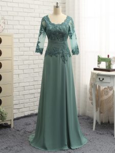 Floor Length Zipper Mother Dresses Green for Prom and Sweet 16 with Beading and Lace and Appliques