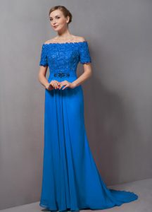 Hot Selling Sweep Train Empire Mother of Groom Dress Blue Off The Shoulder Chiffon Short Sleeves Zipper