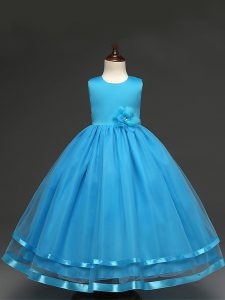 Hand Made Flower Evening Gowns Baby Blue Zipper Sleeveless Floor Length