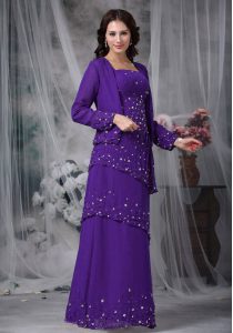 Shining Eggplant Purple Empire Straps Sleeveless Chiffon Floor Length Zipper Beading Mother Of The Bride Dress