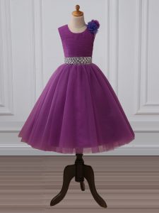 Beading and Hand Made Flower Little Girls Pageant Dress Purple Zipper Sleeveless Tea Length