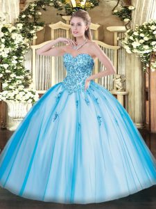 Sexy Baby Blue Lace Up Sweetheart Appliques Quinceanera Dress Tulle Sleeveless