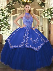 Sleeveless Floor Length Beading and Embroidery Lace Up Sweet 16 Quinceanera Dress with Blue