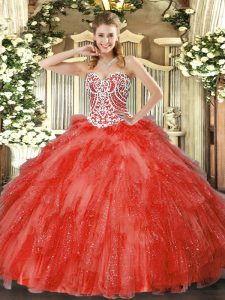 Coral Red Sleeveless Beading and Ruffles Floor Length Quinceanera Gown
