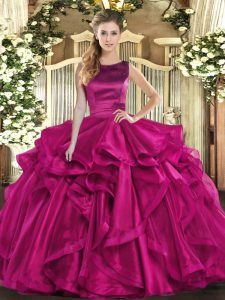 Fuchsia Quinceanera Dresses Military Ball and Sweet 16 and Quinceanera with Ruffles Scoop Sleeveless Lace Up