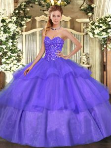 New Arrival Sweetheart Sleeveless Sweet 16 Dress Floor Length Beading and Ruffled Layers Lavender Tulle