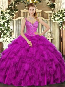 Fuchsia Ball Gowns Organza V-neck Sleeveless Beading and Ruffles Floor Length Lace Up Vestidos de Quinceanera