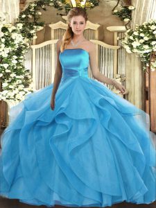 Luxurious Ball Gowns 15 Quinceanera Dress Baby Blue Strapless Tulle Sleeveless Floor Length Lace Up