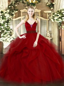 Nice Straps Sleeveless Zipper Ball Gown Prom Dress Wine Red Tulle