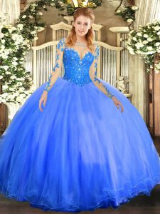 Super Blue Lace Up Quinceanera Gown Lace Long Sleeves Floor Length