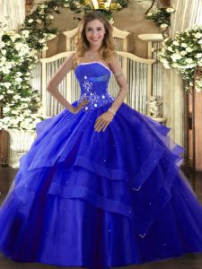 Sophisticated Royal Blue Tulle Lace Up Ball Gown Prom Dress Sleeveless Floor Length Beading and Ruffled Layers