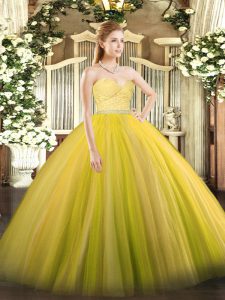 Admirable Gold Tulle Zipper Sweet 16 Dress Sleeveless Floor Length Beading and Lace