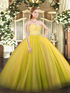 Admirable Gold Tulle Zipper Sweet 16 Dress Sleeveless Floor Length Beading and Lace