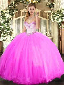 Best Tulle Sweetheart Sleeveless Lace Up Beading Quinceanera Gowns in Rose Pink
