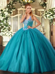 Elegant Floor Length Lace Up 15th Birthday Dress Teal for Military Ball and Sweet 16 and Quinceanera with Beading