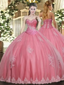 Spectacular Watermelon Red Tulle Lace Up Quinceanera Gowns Sleeveless Floor Length Beading and Appliques